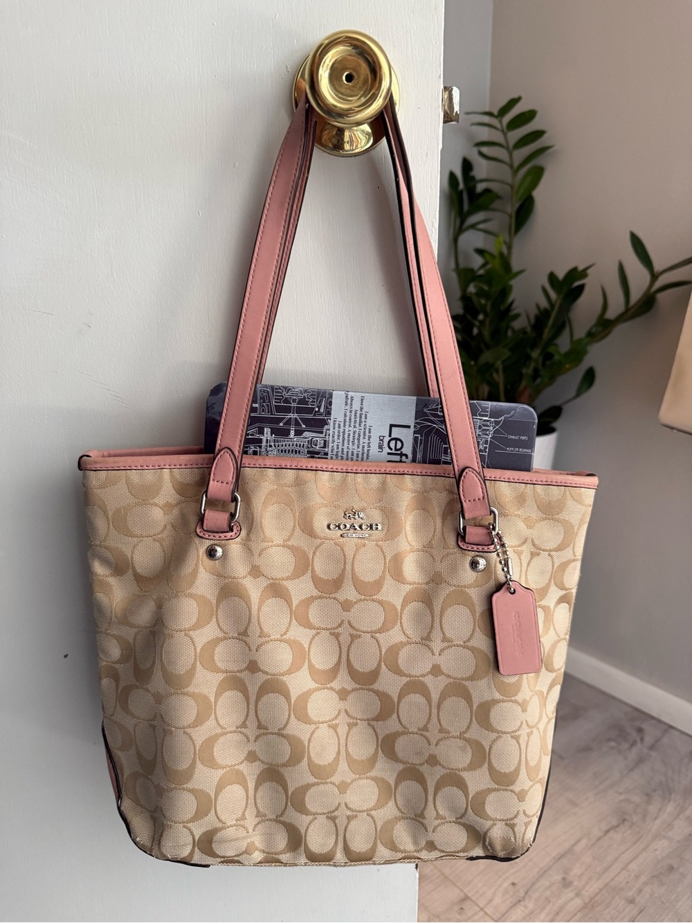 Coach Beige Tote with Pink Trim